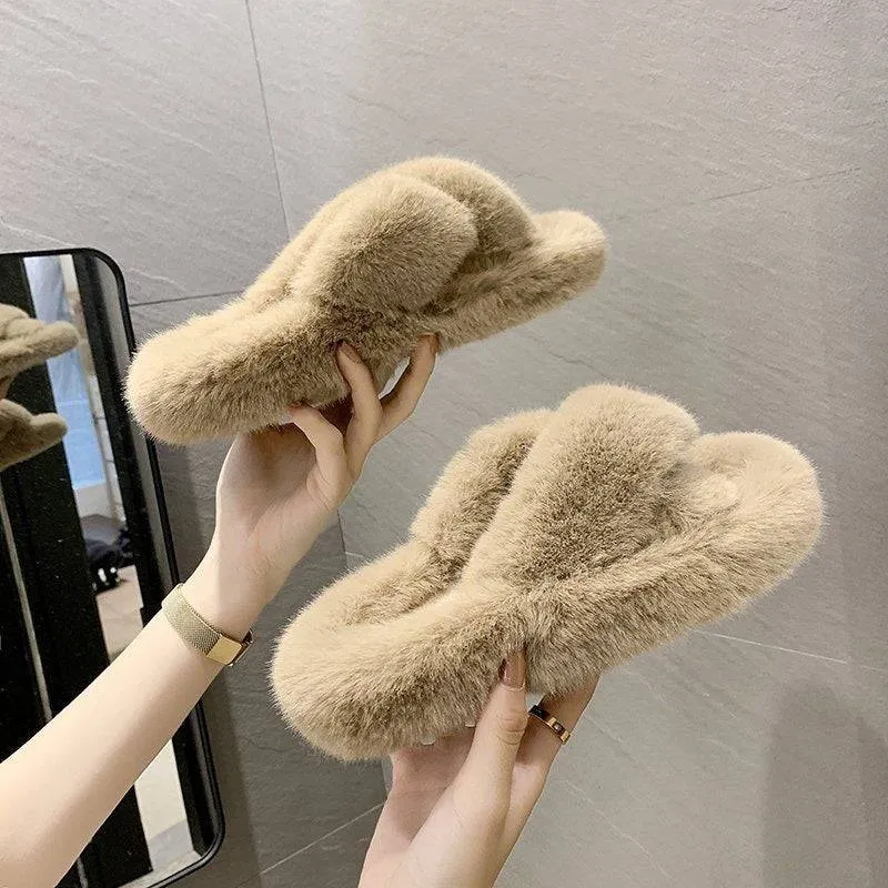 Open Toe Faux Fur Flat Mules