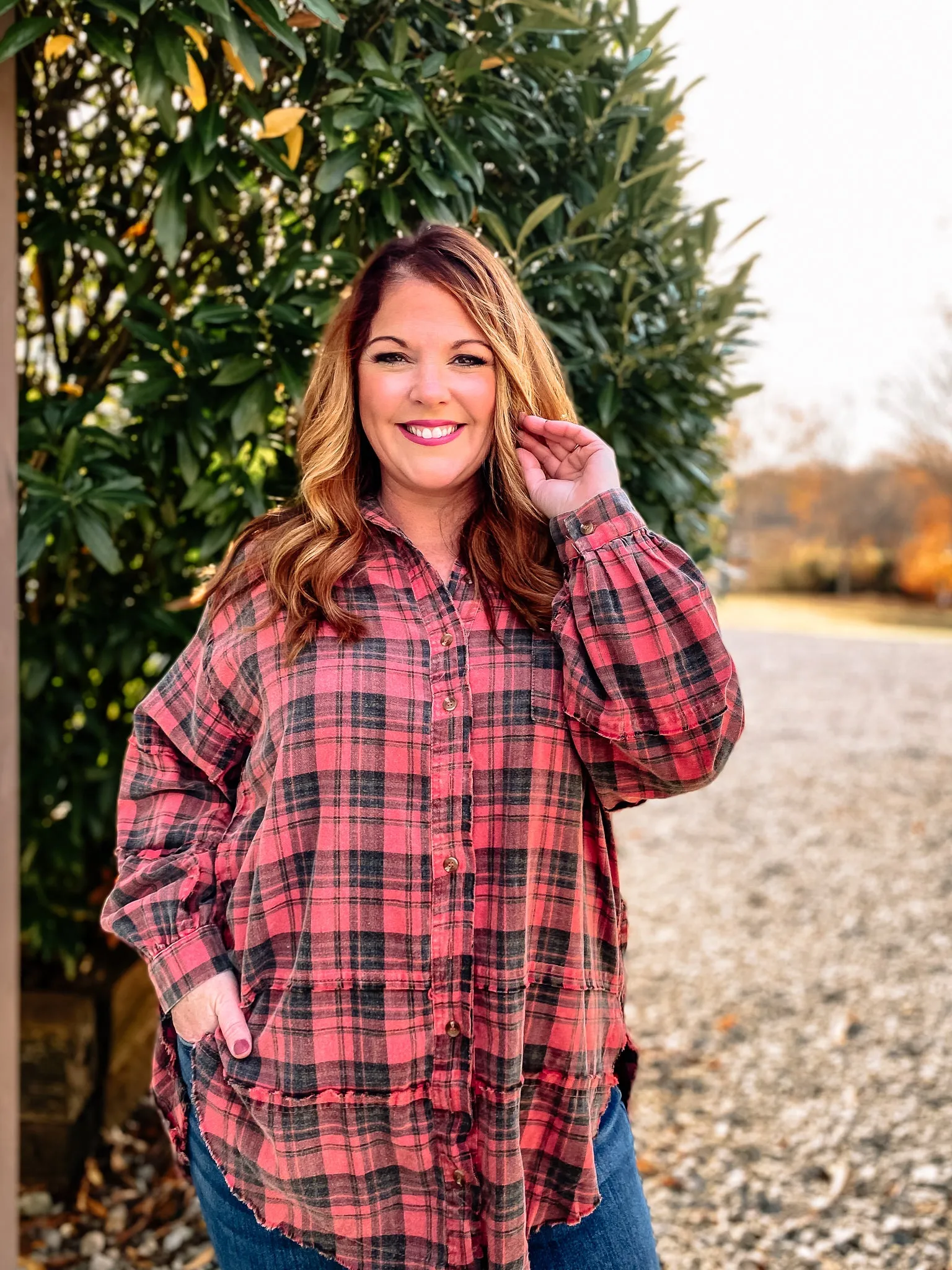 Oversized Mineral Wash Plaid Shirt PLUS