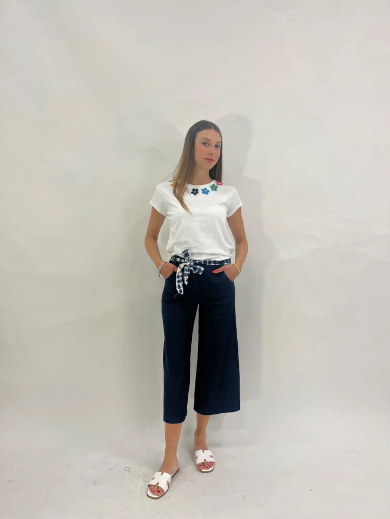 Pantaloni jeans leggero palazzo crop