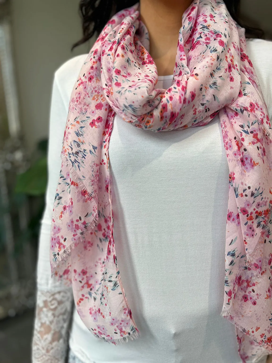 Pink Spring Floral Raw Edge Scarf