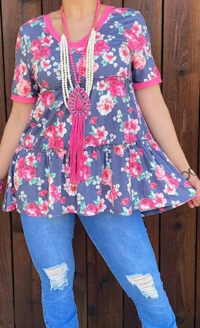 S, M Grey & Pink Floral baby doll top