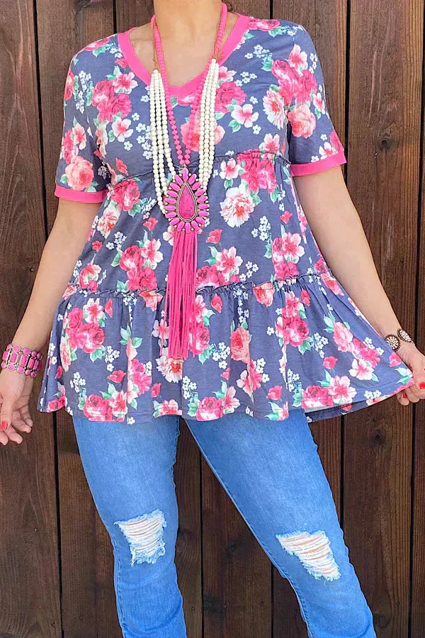 S, M Grey & Pink Floral baby doll top