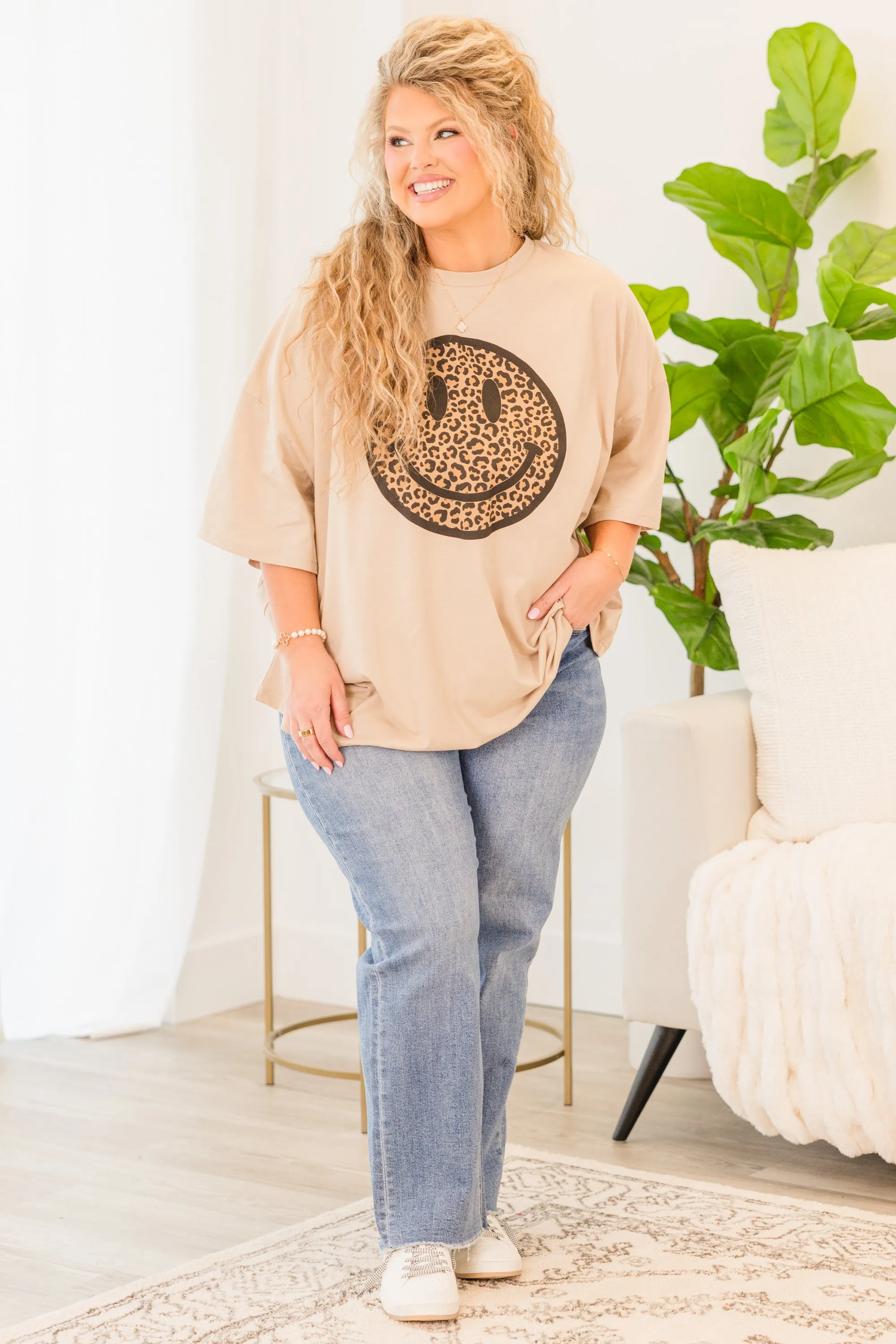 Smiley Face Boyfriend Tee, Light Mocha