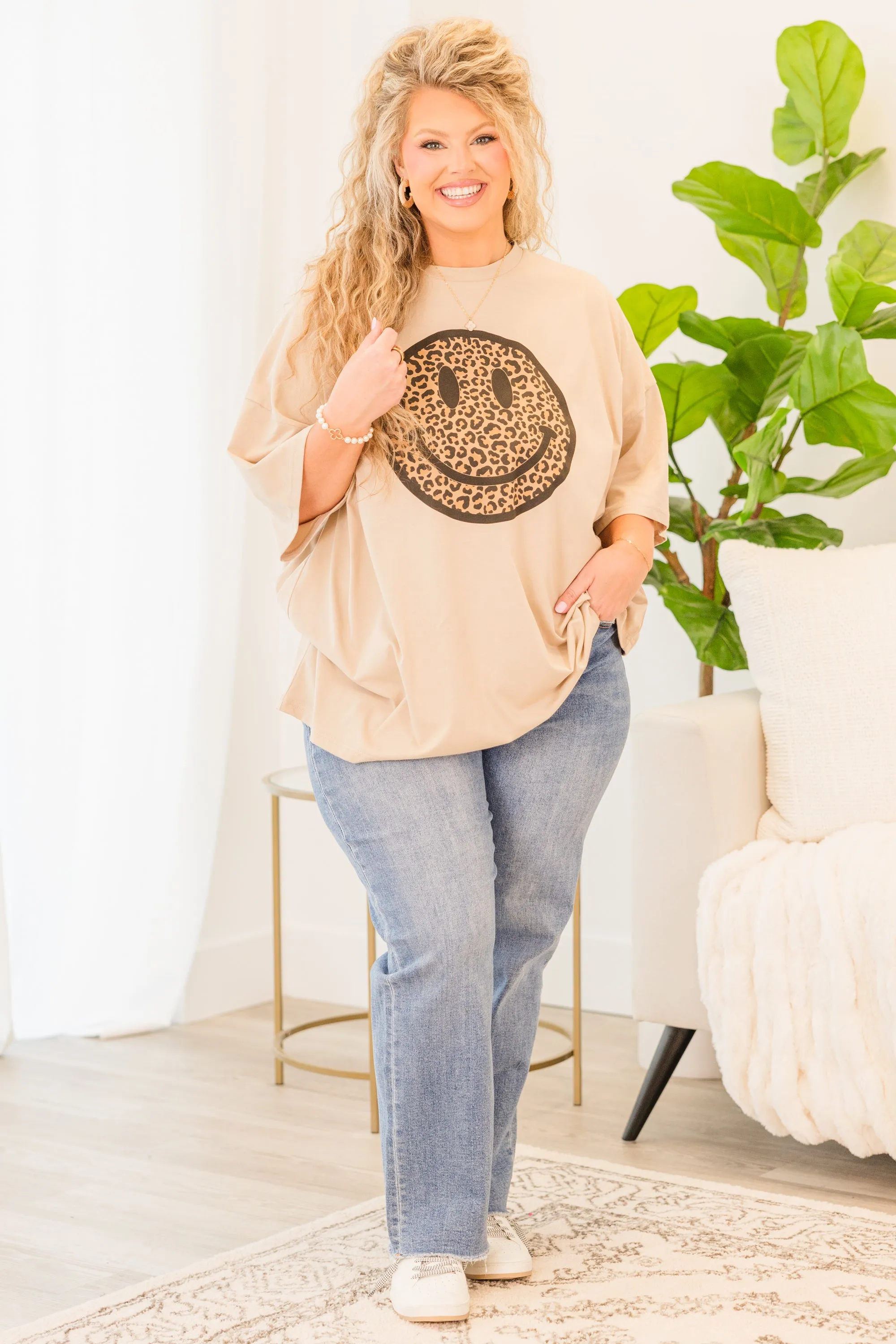 Smiley Face Boyfriend Tee, Light Mocha