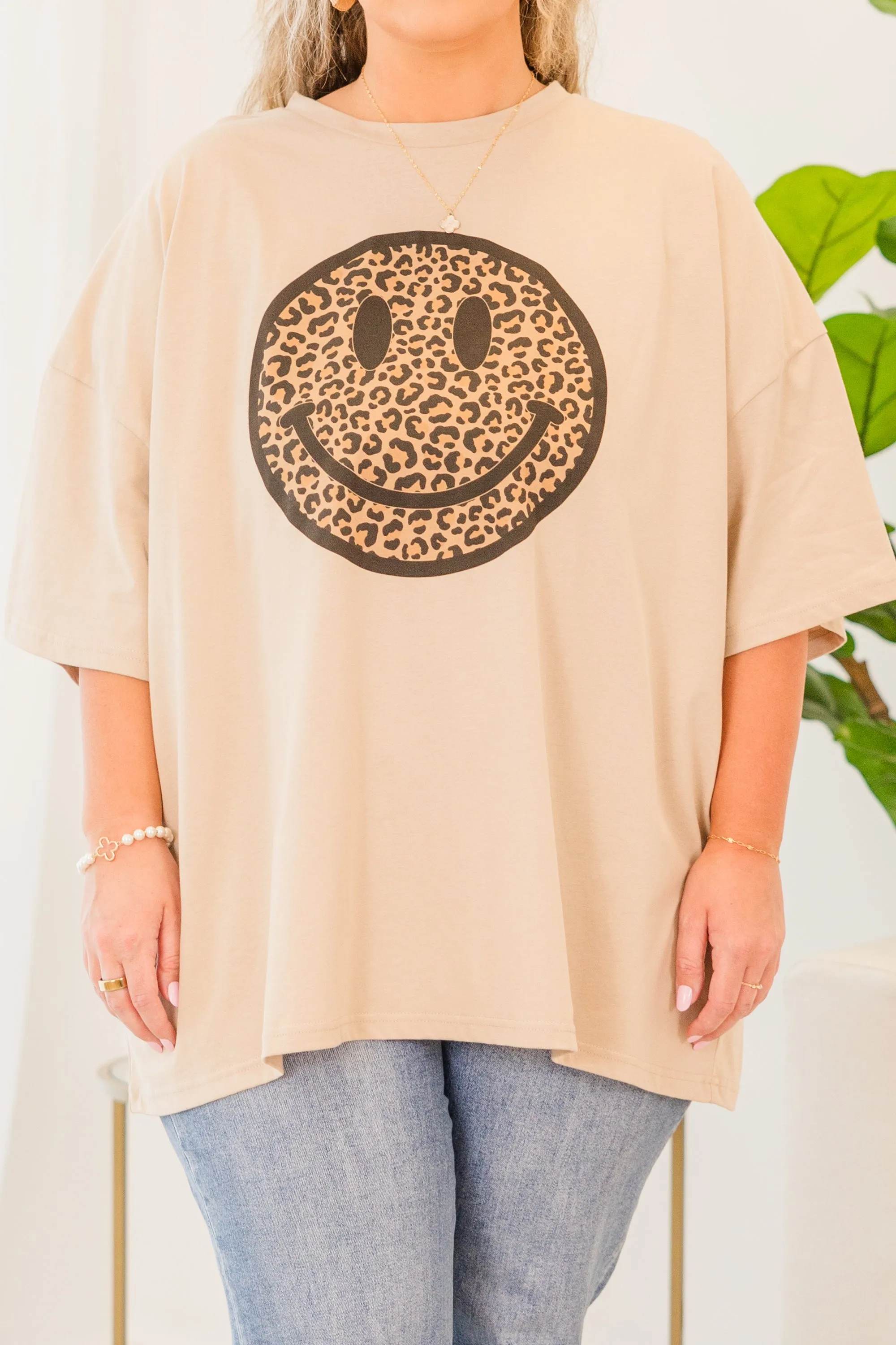 Smiley Face Boyfriend Tee, Light Mocha