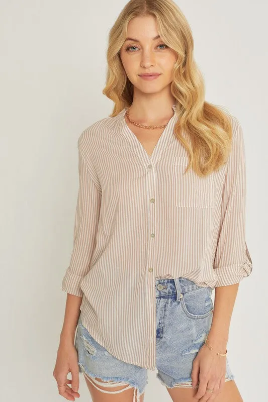 Striped Collar Roll Up Sleeve Blouse