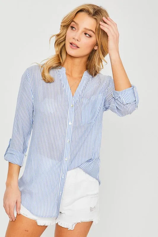 Striped Collar Roll Up Sleeve Blouse