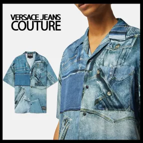 VERSACE JEANS  |Street Style Cropped Plain Short Sleeves Logo Polos