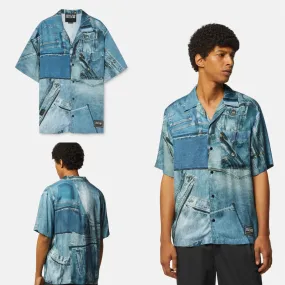 VERSACE JEANS  |Unisex Denim Blended Fabrics Street Style Logo Shirts