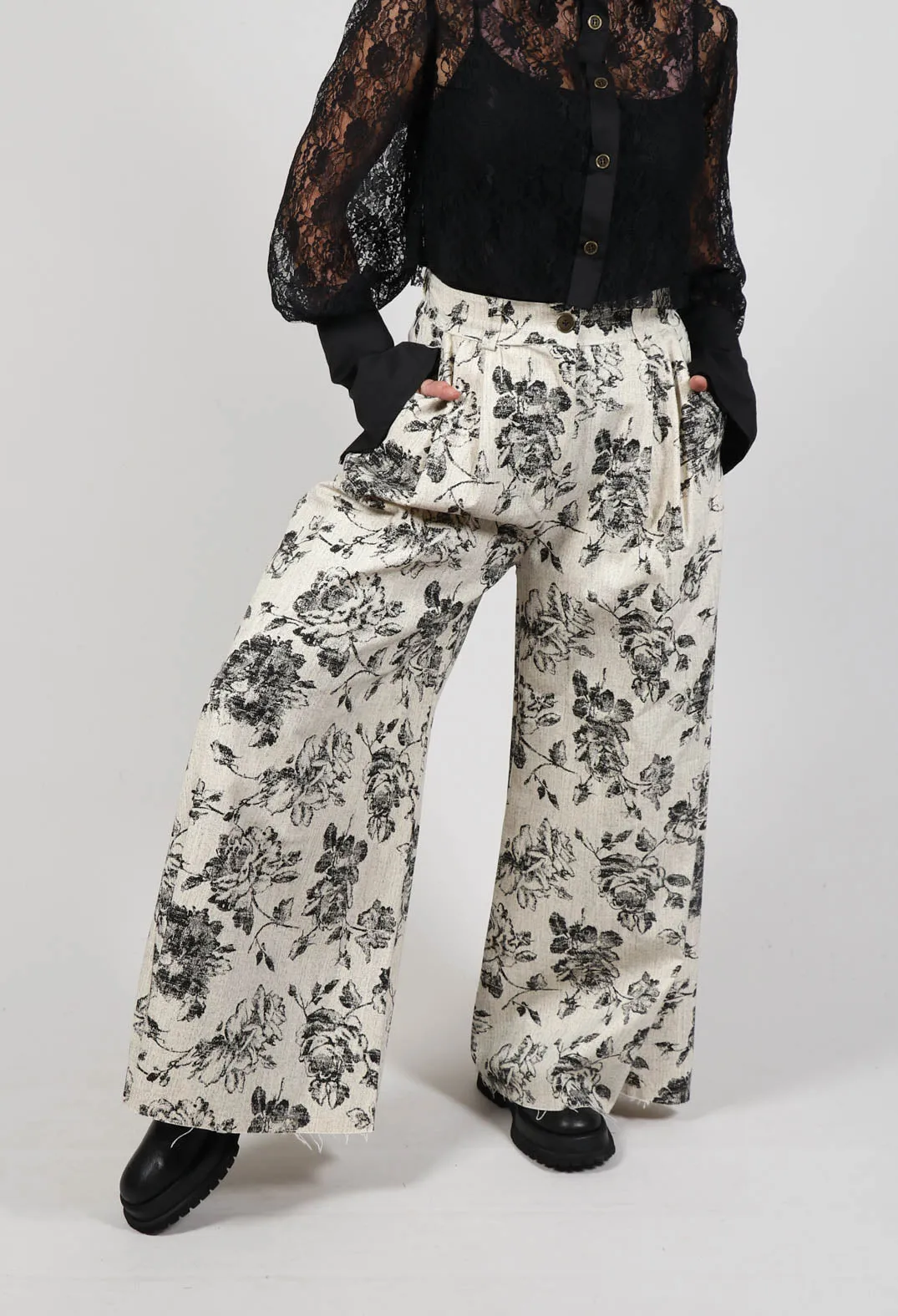 Vintage Black Flower Wide Trousers