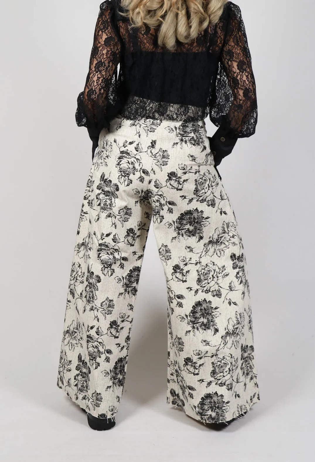 Vintage Black Flower Wide Trousers