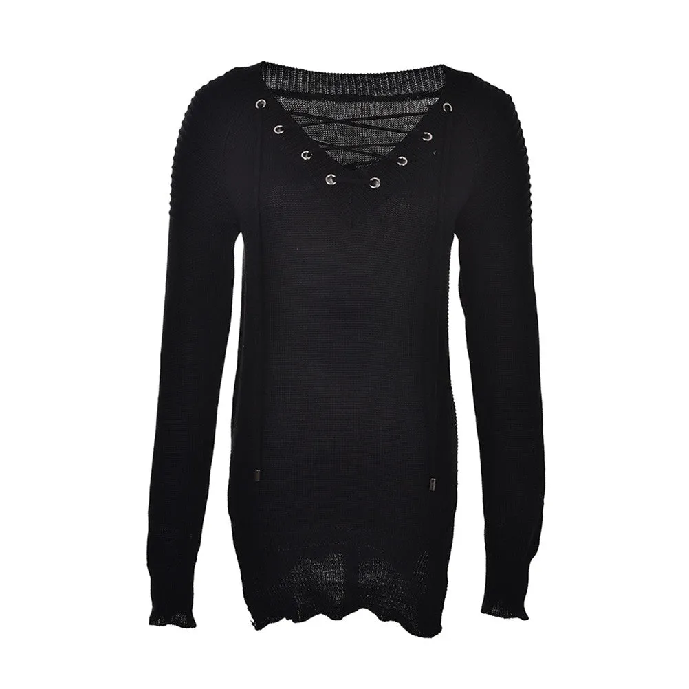 Women Loose Tops Casual Knitted Long Pullovers Sexy Deep V-Neck Cross B age Long Sleeve Sweaters SM6