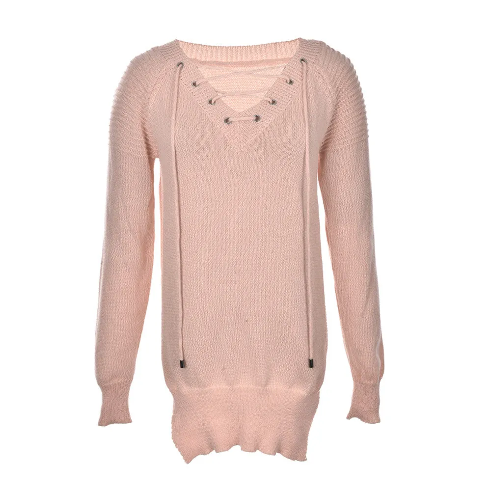 Women Loose Tops Casual Knitted Long Pullovers Sexy Deep V-Neck Cross B age Long Sleeve Sweaters SM6