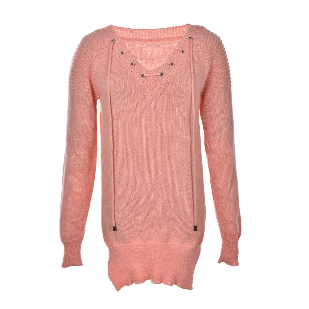 Women Loose Tops Casual Knitted Long Pullovers Sexy Deep V-Neck Cross B age Long Sleeve Sweaters SM6