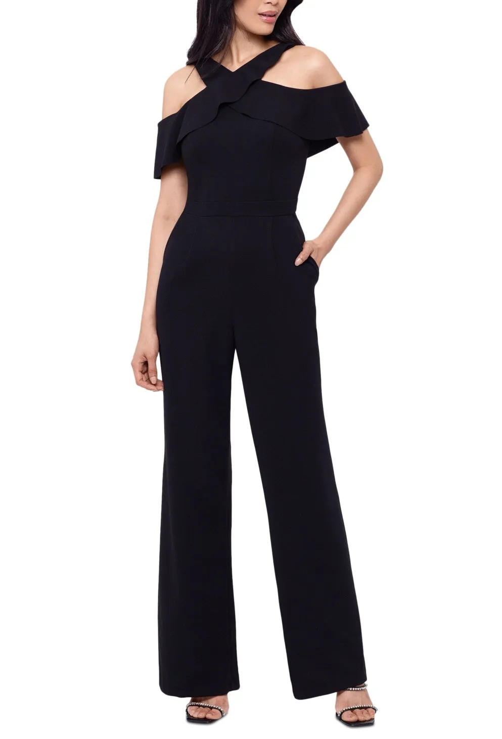 XSCAPE Women's Ruffled Neck Cold Shoulder Jumpsuit Black Size 14