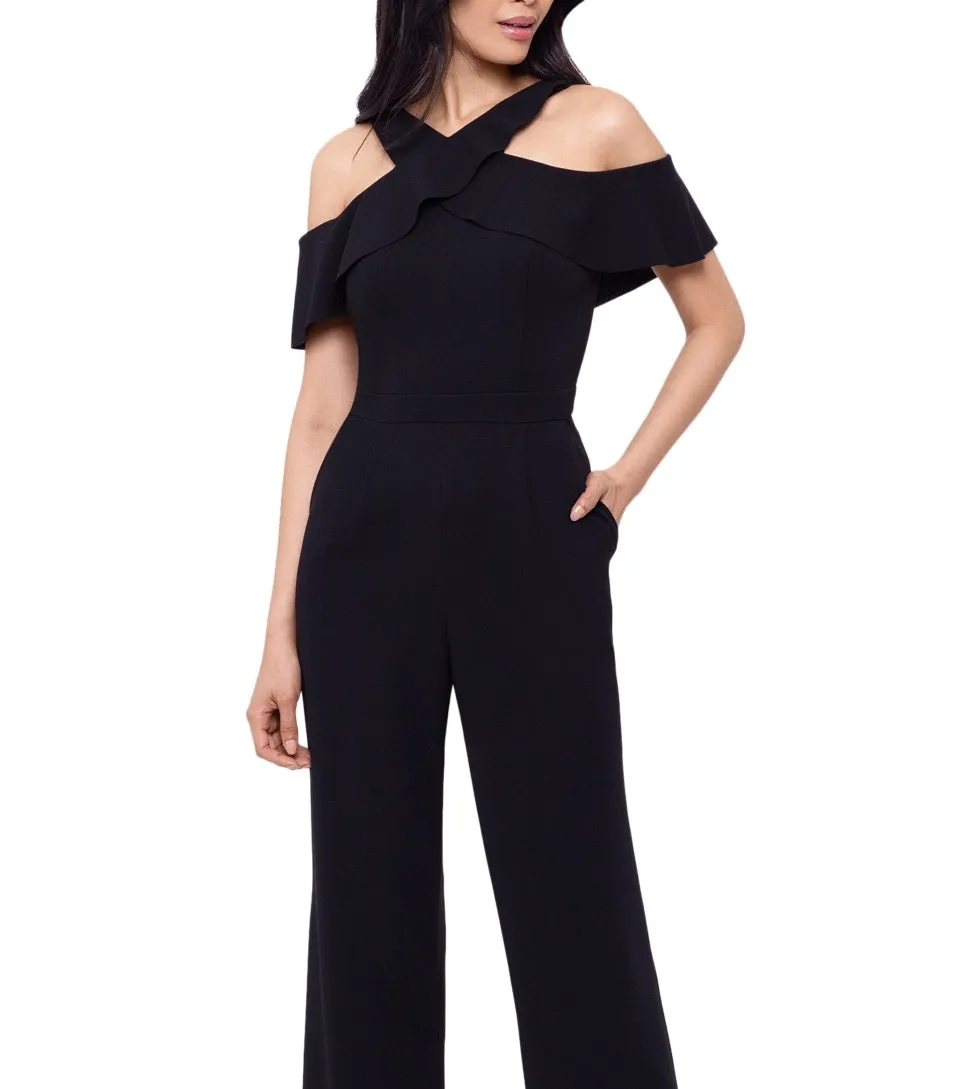 XSCAPE Women's Ruffled Neck Cold Shoulder Jumpsuit Black Size 14