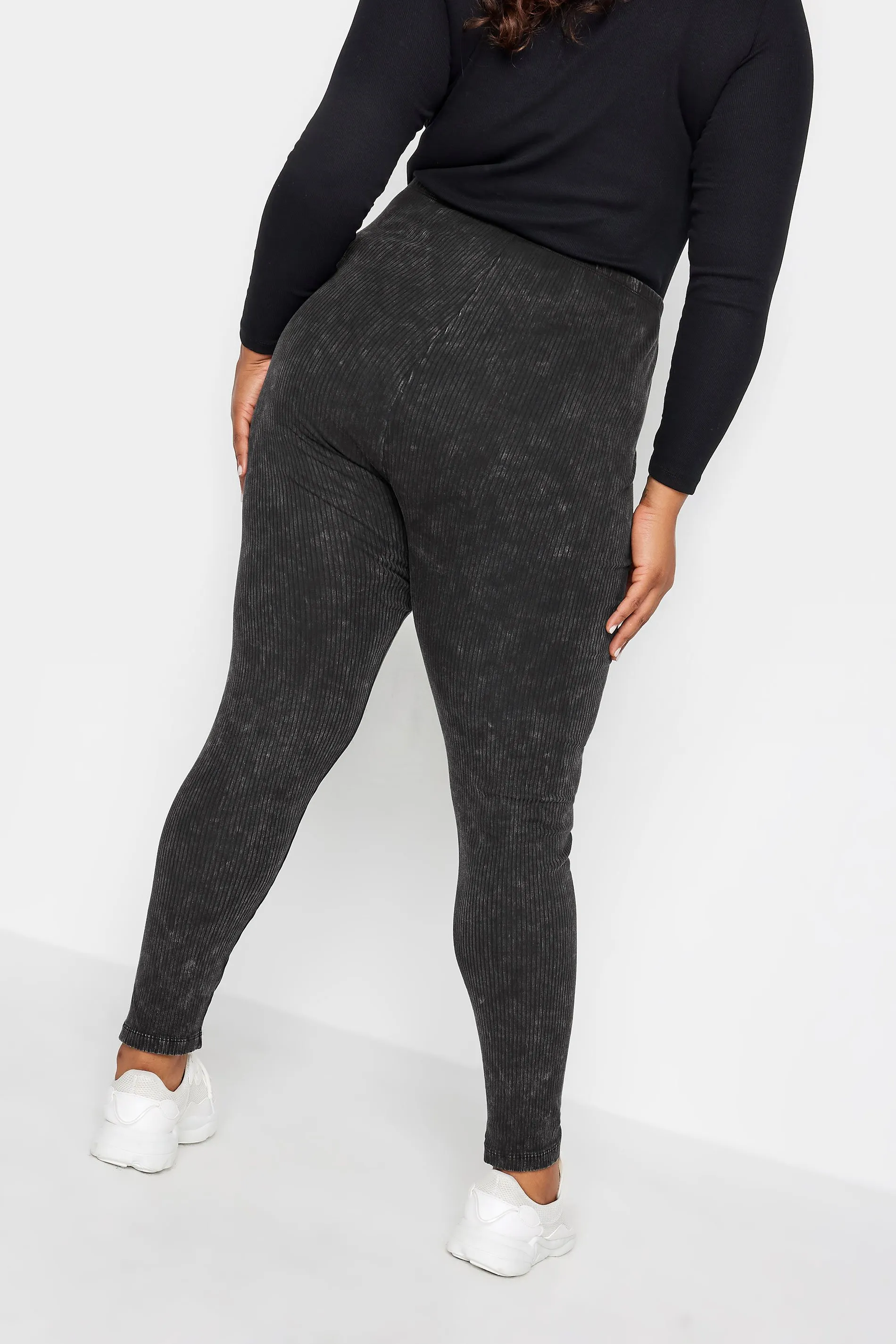 YOURS Curve Black Acid Wash Ribbed Leggings