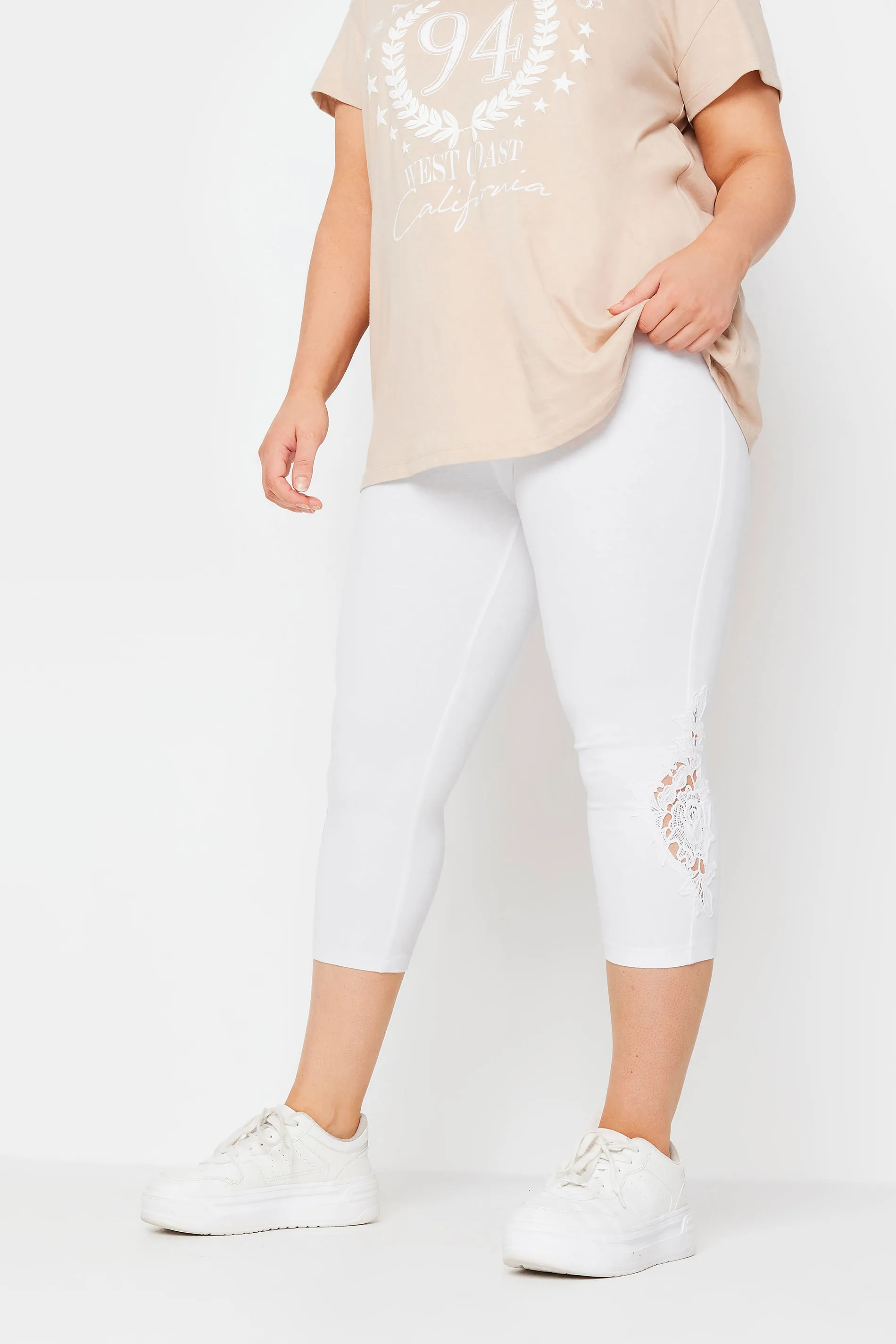 YOURS Curve White Lace Stretch Cropped Leggings