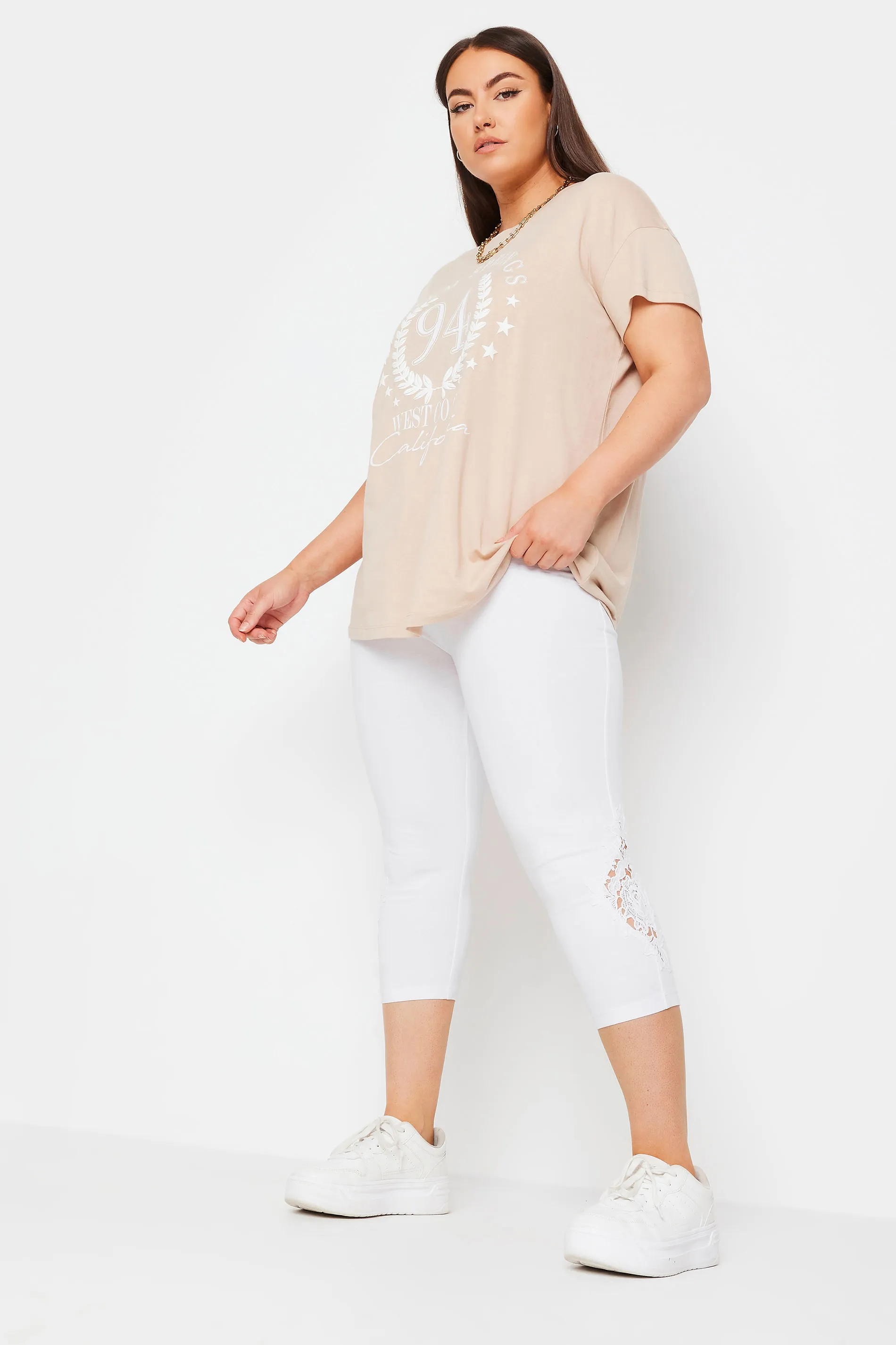 YOURS Curve White Lace Stretch Cropped Leggings